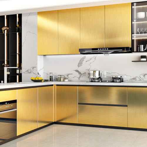 WESTICK Glossy Stainsteel Steel Gold Contact Paper for Countertops Waterproof Brushed Gold Wallpaper Peel and Stick Metallic Refrigerator Vinyl Wrap for Fridge Dishwasher Cabinets DIY 15.8" x 80"