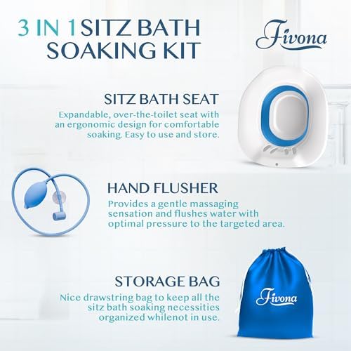 Fivona Sitz Bath for Toilet Seat with Massage Hand Flusher and Storage Bag; Postpartum Care and Hemorrhoid Treatment; BPA Free V Steam Kit; Perfect for Perineal Soak and Portable Bidet