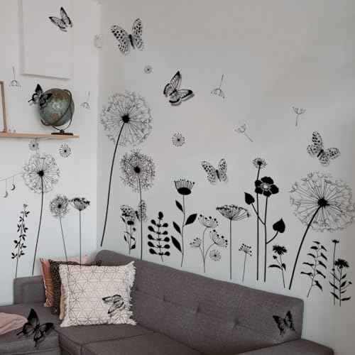 Joyartu Black Dandelion Wall Decals with 3D Black Butterflies ? Wall Stickers Peel and Stick Floral Butterflies Flying Decor for Bedroom Living Room Office Sofa Wall Decorz(2 Sheets)