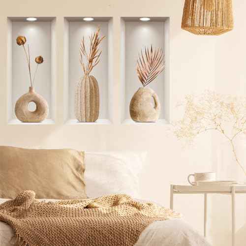 3D Dried Flower Vase Wall Stickers, 3Pcs Rustic Blossom PVC Wall Decals, Removable 3D Floral Wall Art for Living Room, Bedroom, Entryway, Sofa Backdrop, Yoga Studio, Office, Home Decor
