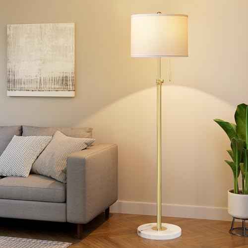 PARTPHONER Floor Lamp for Living Room, 66'' Adjustable Height Standing Lamp with Marble Base, 3-Color Tall Lamps with Pull Chain, Suitable for Bedroom, Reading, Office (Bulb Included, White Shade)