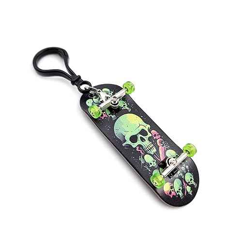 SPITBOARDS¢ç 32 x 96 mm Fingerboard Complete Wood Set-Up Assembled, Silver Trucks with Bushings and Nuts, CNC Bearing Wheels in Transparent Green, Lasered Grip Tape Lime Green Skull and Bones