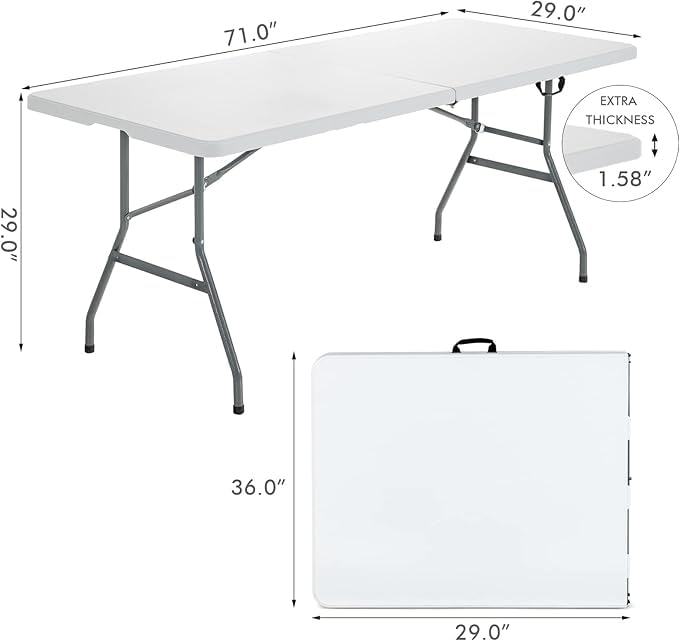 6ft Portable Folding Table Heavy Duty – White Plastic Picnic Party Table with Handle for Camping, Backyard BBQ, Vendor Events, Christmas Use