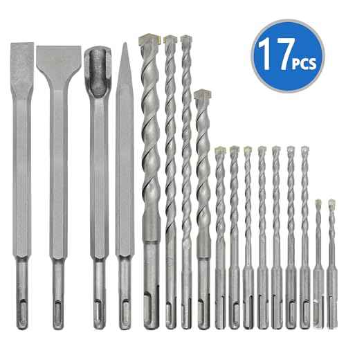 17Pcs SDS Plus Rotary Hammer Drill Bit Set,Concrete Drill Bit Kit with Point Chisel,Flat Chisel,Cross Type Double Thread Carbide Material for Concrete,Bricks,Tiles,Stone and Glass