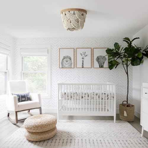 White Boho Mini Chandelier£¬ 2-Tier Wood Beaded Flush Mount Ceiling Light for Bedroom Hallway Entryway Closet Laundry Room Nursery Room 4-Lights