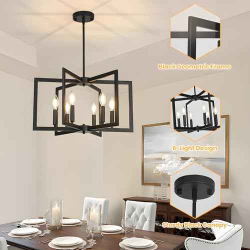 6-Light Black Chandeliers for Dining Room,Modern Farmhouse Chandelier, Pendant Lights Kitchen Island,Geometric Industrial Metal Hang Lighting Fixture for Foyer Entryway Hallway Living Room
