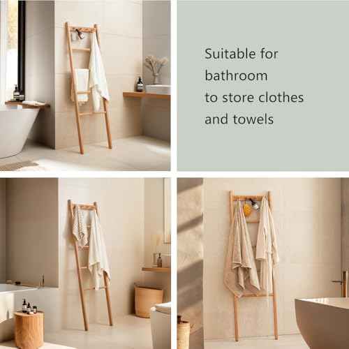 Beech Wood Blanket Ladder, 5.3ft Natural Farmhouse Quilt Holder with Top Hooks, 4-Bar Decorative Throw Rack, Towel Shelf for Living Room, Bedroom, Small Space Storage (Natural)