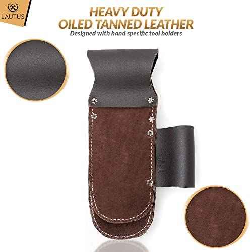 LAUTUS 5 Pockets Pliers & Hammer Holder| Oiled Tanned Leather Holder |Carpenter, Construction, Framers, Handyman| Heavy Duty|