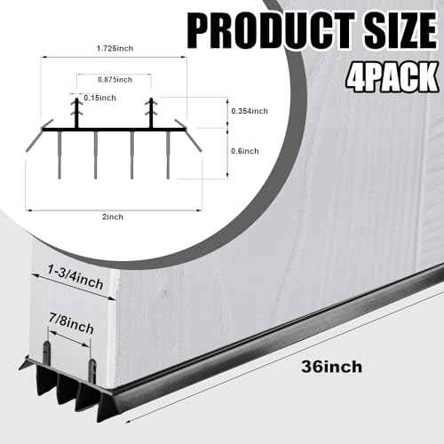 Replacement Door Bottom with Vinyl Fins 36" Long 1 3/4" Wide Threshold Seal Bottom of Door Weatherstrip Kerf Weather Stripping for 7/8" Between Barbs(4 Pcs,Black)