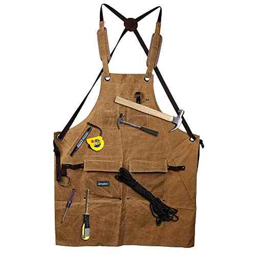 Waxed Canvas Shop Apron for Men & Women.Woodworking Aprons Heavy Duty Work Apron with Pockets. Big Bulk Tool Apron with Adjustable Cross-Back Strap.Adjustable S to XXL (Brown)