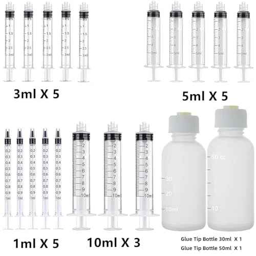 20 Pack Measuring Dispenser and 30ml+50ml Glue Bottle, 1ml, 3ml, 5ml, 10ml Glue Dispenser, 14ga, 16ga, 18ga, 20ga, 22ga, 25ga Dispensing Accessories and Caps, for Refilling and Measuring
