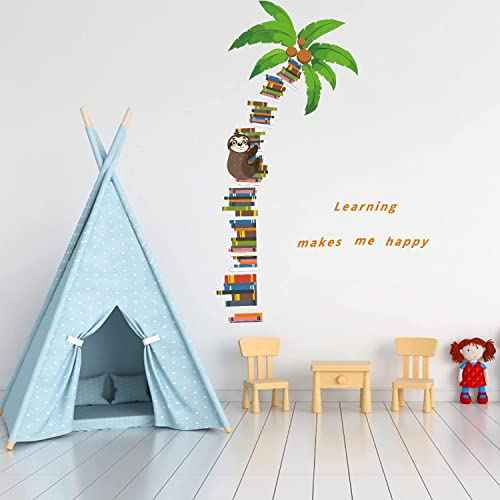 IARTTOP Coconut Tree Sloth Wall Decal Book Tree Sloth Wall Sticker Large Book Tree Wall Stickers for Bedroom Study Room Living Room Decoration