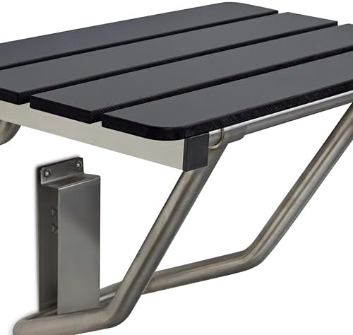 32-inch x 15-inch ADA Folding Wall Mount Bathroom Shower Seat Bench, Black Slatted Phenolic Seat
