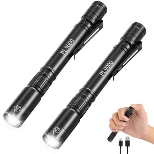 2Pack Pen Flashlight Rechargeable PL9000, 5Mode Bright Pen Light Flashlight High Lumens, Waterproof Pocket Flashlights, EDC Adjustable Tactical Flash Light, LED Small Lights with Clip for Emergencies