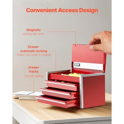 VEVOR Metal Tool Box, 8.6-inch, Portable Metal Tool Box with 3 Drawers, Small Tool Chest with EVA Liners and PP Feet Pads, Heavy-Duty Steel With Ball Bearing Opening and Powder Coated Finish, Red