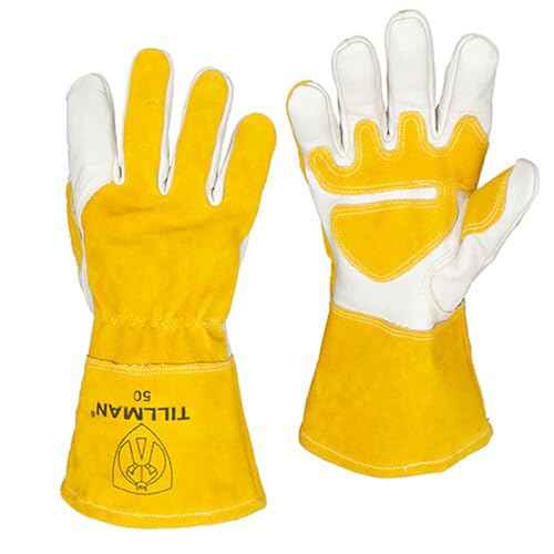 John Tillman and Co Tillman Small 7" Gold and Pearl Top Grain Split Back Cowhide Fleece Lined MIG Welders Gloves with 4" Cuff and Kevlar Thread Locking Stitch, 50S