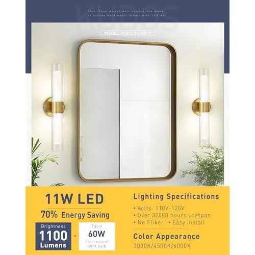 kudos Gold Bathroom Sconces Wall Lighting, Bathroom Vanity Light, Modern Wall Lights with Clear Glass and Frosted Glass,3000K/4500K/6000K Adjustable, KDVL06-GD-2
