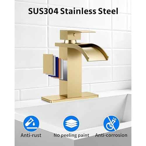Waterfall Bathroom Faucets Single Hole Sink Faucet for 1 or 3 Hole Single Handle Vanity Basin with Deck Plate,with Pop-up Drain&Supply Lines,Brushed Gold