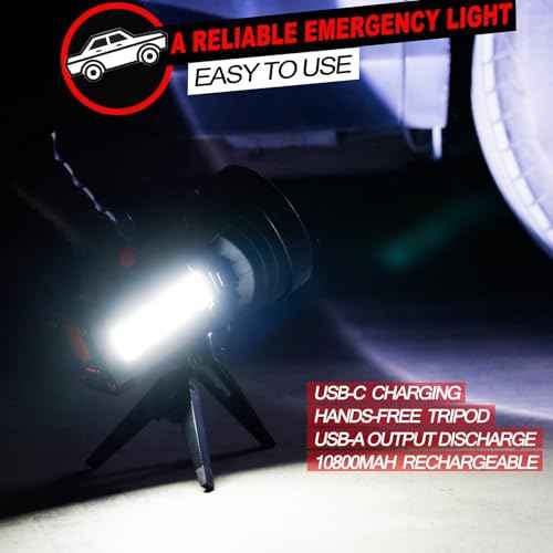 BIGSUN Q953 Rechargeable Spotlight Flashlight, 100,000 High Lumen LED with COB Flood Light, Built-in 10,000 mAh Li-Ion Battery for Patrol, Working, Hunting, Red Lens and Hands-Free Tripod Included