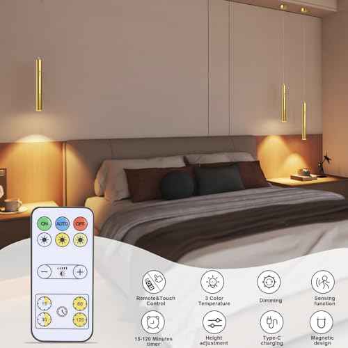 Battery Operated Pendant Light Set of 2, Wireless Chandelier with Remote, 3 Color Dimmable, 6000mAh Hanging Battery Operated Light for Kitchen Island Dinning Room Bedroom, Gold