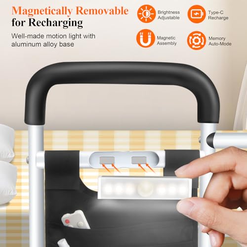 Bed Rails for Elderly Adults Safety, Adjustable Height Bed Guard Rails with Night Motion Light for Seniors, Carbon Steel Bed Assist Rails for Queen King Size Bed (Patent Pending)