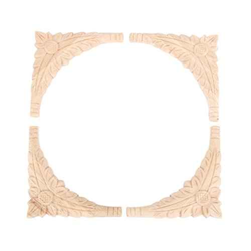 MUXSAM Flower Wood Carved Onlay Appliques Corner Decals, 4-Pack Unpainted Wooden Carvings Decorative Decals for Wall Fireplace Dresser Cupboard Wardrobe Closet Vent Hood Cover(10x10cm/3.94"x3.94")