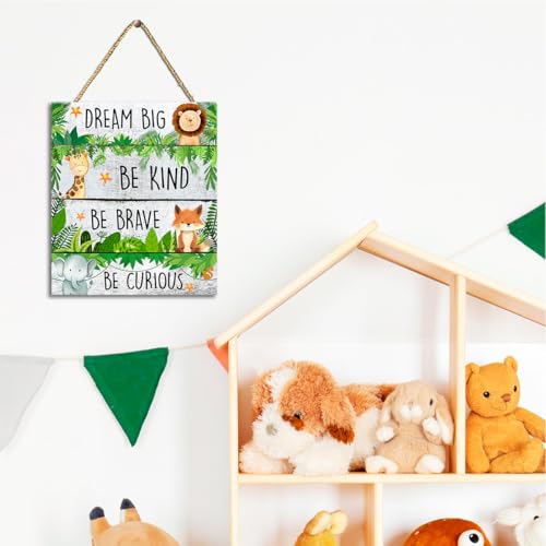 Be Kind Be Braver Jungle Theme Wood Hanging Sign,Inspirational Quotes Safari Hanging Sign for Kids Nursery Bedroom Playroom Wall Decor