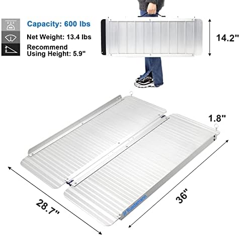 Ruedamann 3 FT Portable Wheelchair Ramp, Sturdy Non-Slip Aluminum Wheelchair Ramp with Upgraded Hinge, Aluminum Folding Ramp for Doorways, Ramp for Wheelchairs, Scooters, Steps, Stairs, Pets