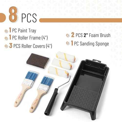Bates- 4 Inch Paint Roller Kit, 8 pcs, 1x Plastic Paint Tray, 1x Roller Frame 4", 3X Microfiber Covers 4", 2X Flat Brushes 2", 1x Sanding Sponge