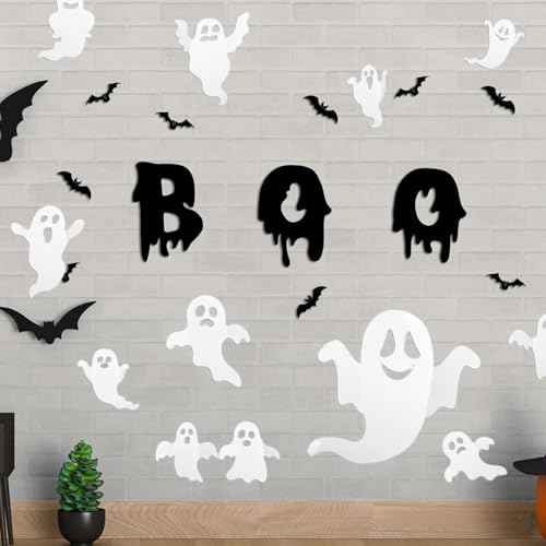 25 Pcs Halloween Wall Decor 3D Cute Ghost Stickers Bat Decals Decorations Boo Letters Window Stickers Reusable Halloween Door Decorations for Party Home Room Closet Self-Adhesive Supplies