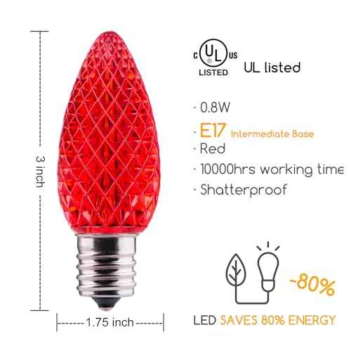 Minetom 50 Pack C9 LED Replacement Strawberry Christmas Light Bulb, Red and Pure White C9 Shatterproof Led Bulb for Christmas String Light, E17 Intermediate Base, Commercial Grade Dimmable Bulbs