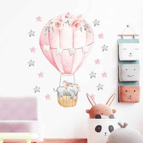 Pink Sleeping Baby Elephant Hot Air Balloon Stars Wall Stickers, sacinora Cute Art Wall Decals Removable Vinyl Peel and Stick for Kids Baby Girl Nursery Bedroom Toddler Room Decorations