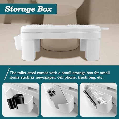 Height Adjustable Poop Stool, 6.3 in Non-Slip & Massageable Toilet Stool Squat Adult with Storage Box, Multi-Functional Portable Potty for Adults, Kids, The Elderly, Pregnant Women, Detachable