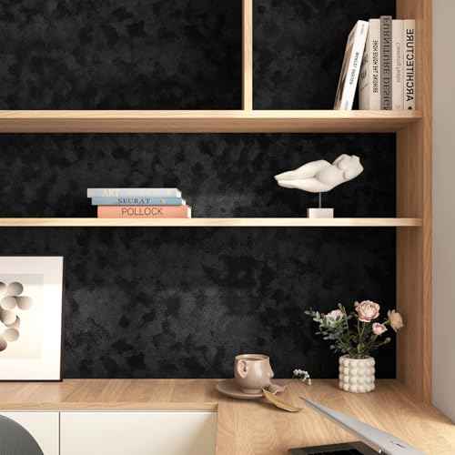 Stickyart Black Velvet Wallpaper Peel and Stick Soft Felt Black Contact Paper Self Adhesive Velvet Textured Wallpaper Removable Luxury Mottled Felt Wall Paper for Drawer Liners Bedroom Decor 12"x80"