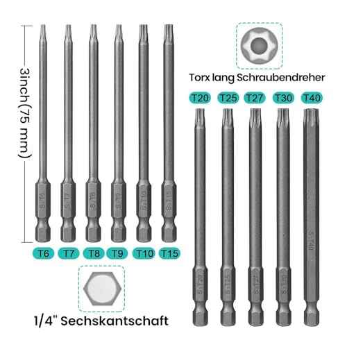 12 Piece Torx Screwdriver Set T6-T40, 1/4" Magnetic Torx Set with Hole S2 Steel Hex Electric Screwdriver Bit Set for Cordless Screwdriver T20 T25 Screwdriver Set, 75mm Length