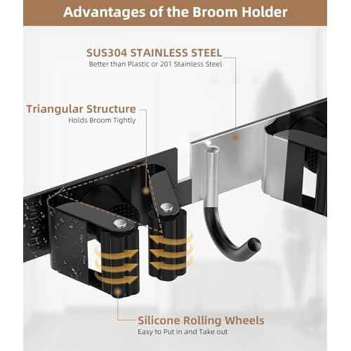 Broom Holder Over The Door 2Pack - 304 Stainless Steel Mop and Broom Hanger Wall Mounted or Hanging Over The Door with Hooks - Tool Organizer for Garage Closet Laundry Kitchen Decor