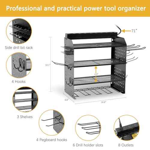Modular Power Tool Organizer Wall Mount with Charging Station,8 Outlets,4-Layer,6 Drill Holders,4 Hooks,Metal drill holder wall mount,6.5ft Cord,Garage,Workbench,Workshop,Black