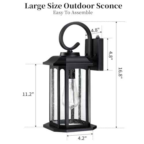 16.8'' Large Dusk to Dawn Outdoor Wall Lights, Black Exterior Lighting Fixtures Wall Sconce with Seeded Glass, Waterproof Front Porch Light Outside Wall Lantern for House Patio Garage, 1Pack