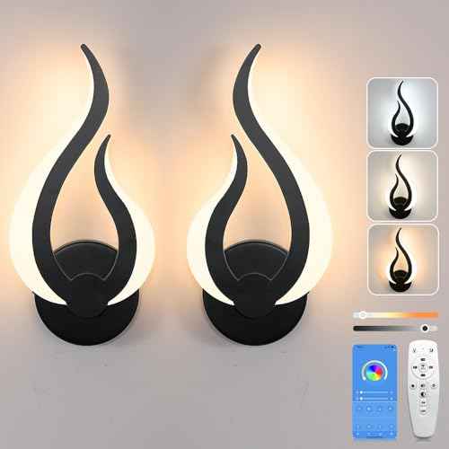 Modern Wall Sconce Set of 2, Wall Light Hardwired with 2.4G Remote Control, 10W LED Black Wall Mounted Lights, 3000K-6000K Dimmable, LED Wall Lights for Living Room Bedroom Hallway Bedside