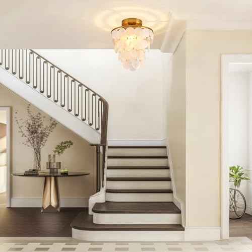 Capiz Shell Ceiling Light Fixture Modern Gold Semi Flush Mount Ceiling Lights 11.8Inch Small Chandelier for Entryway Bedroom