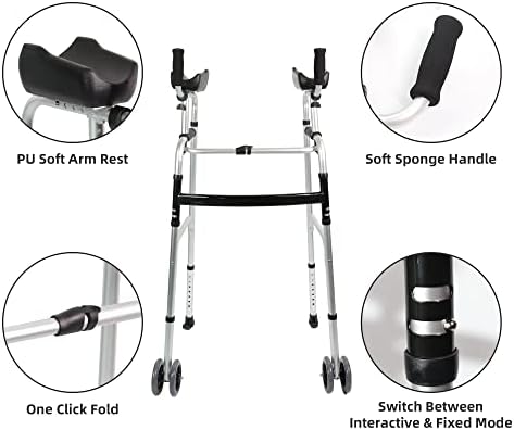 Dual-Wheel Stand Up Walker with Armrest Pad - Aluminum Standard Walker with Small Bag, Fadable Walkers for Seniors, Elderly, Platform Walker with Arm Support, Standing Upright Walkers, Silver