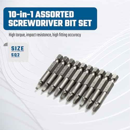 Square Head SQ2 Screwdriver Bit Set 10PCS 1/4 Inch Hex Shank 2 Inch/50 mm Length S2 Steel with Magnetic for Power Screwdriver Drill Impact Driver