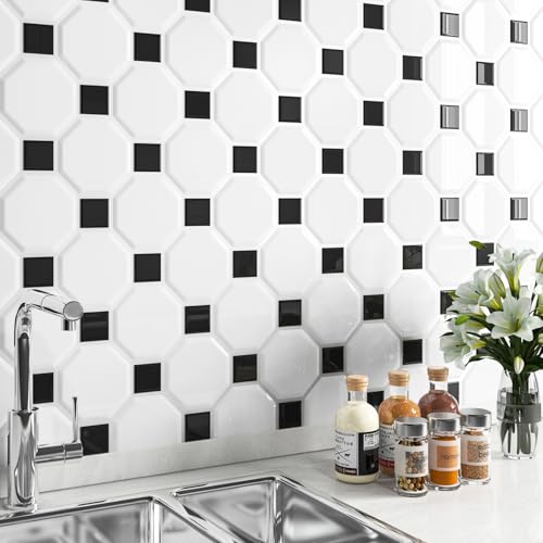 LaCheery 12"x12" Black and White Peel and Stick Backsplash for Bathroom Kitchen Backsplash Tiles Peel and Stick Octagon Peel and Stick Backsplash Tile Waterproof Wall Tiles Sticker Back Splash 4 Tiles