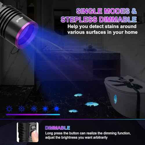 365nm Black Light UV Flashlight, Rechargeable Blacklight Flashlights, Powerful Ultraviolet Lights for Pet Urine Detection, Scorpion, Rock Hunting, AC Leak, & Resin Curing, with LCD Display