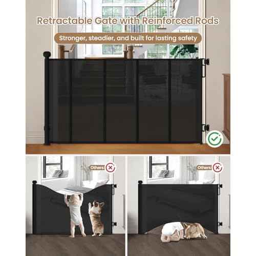 Retractable Baby Gate, 55" Wide Mesh Gate with 4 Reinforced Rods, Prevents Kids & Dogs from Crawling Under, 34" Tall Easy-to-Use Pet Gate for Stairs, Bedrooms, Hallways, Indoor/Outdoor, Black