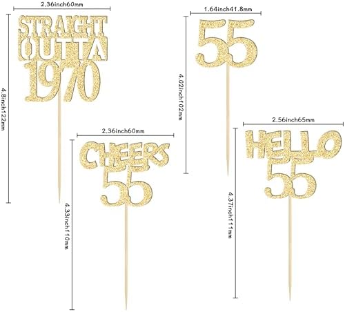 Gyufise 24Pcs Happy 55th Cupcake Toppers Glitter Fifty-five Straight Outta 1970 Cupcake Picks Cheers to 55 Years Birthday Cake Decorations for Happy 55th Birthday Anniversary Party Supplies Gold