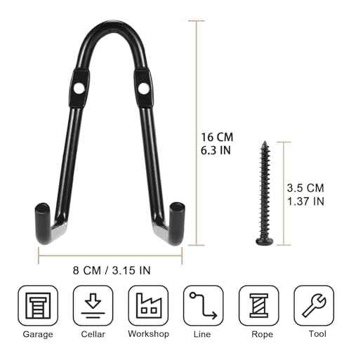 Set of 6 Garage Wall Hooks, Wall Metal Hooks, Double Hooks, Black, Double Garage Hooks for Organizing Ropes, Chairs, Hoses (Model 1)