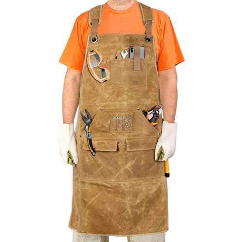 Men's Waxed Canvas Woodworking Apron With Pockets Heavy Duty Workshop Apron Adjustable Cross Straps to S-3XL