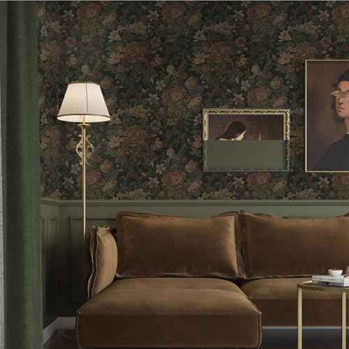 Dimoon Vintage Wallpaper Peel and Stick Dark Green Floral Wallpaper 16.1"x393"Flower Leaf Contact Paper for Bedroom Thicken Waterproof Self Adhesive Wall Paper Removable Shelf Liner Vinyl Roll