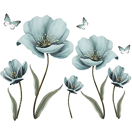 Dreamy Blue Flower Wall Stickers Creative Painted Butterflies Wall Decals Romantic Painting Art Decor Vinyl Removable Peel and Stick for Living Room Nursery Bedroom Office Bathroom Wall Decoration
